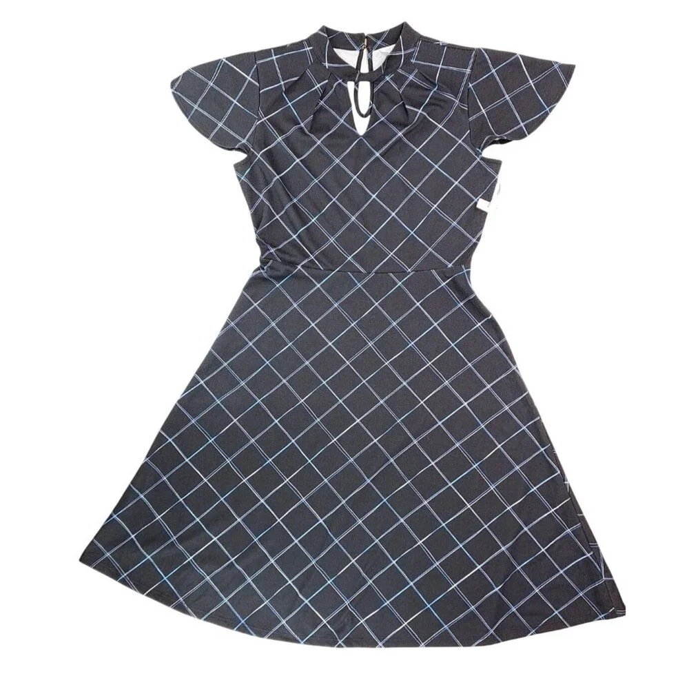 Liz Claiborne Black Plaid Square Fit Flare Dress Women Size 6 Keyhole Back Blue - Picture 2 of 9